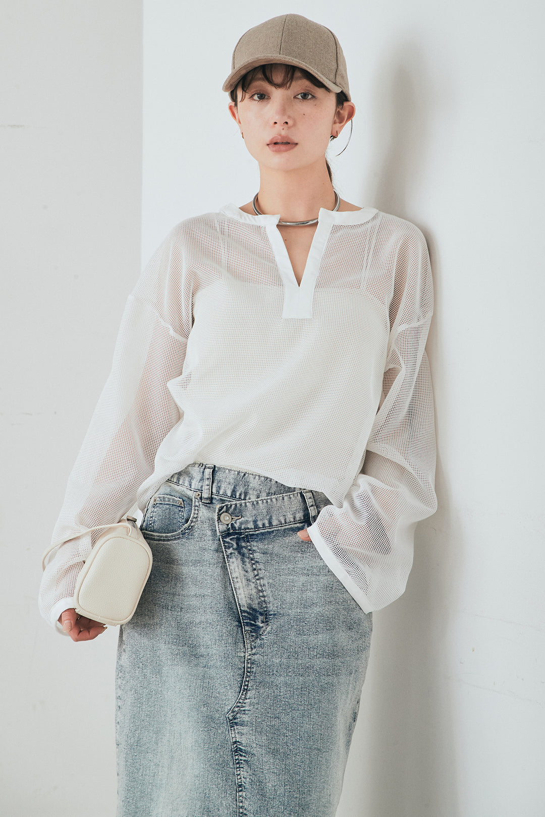 [SET]メッシュカットソースキッパープルオーバー+ウエストクロスデニムタイトスカート(2set)