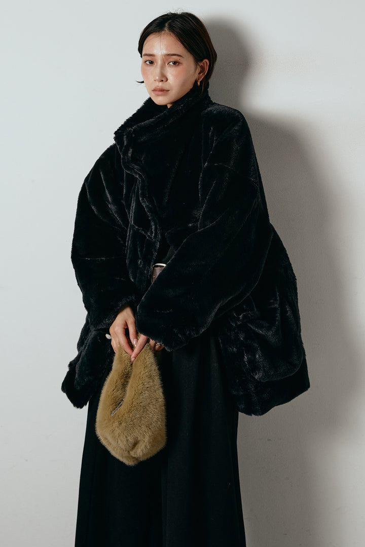 [SET]スタンドネックファーコート+フェイクレザー太ベルト付きタックワイドパンツ(2set)