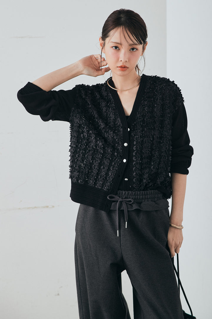 [SET]モコレースVネックカーディガン+カットダンボールウエストフリルカーブパンツ(2set)