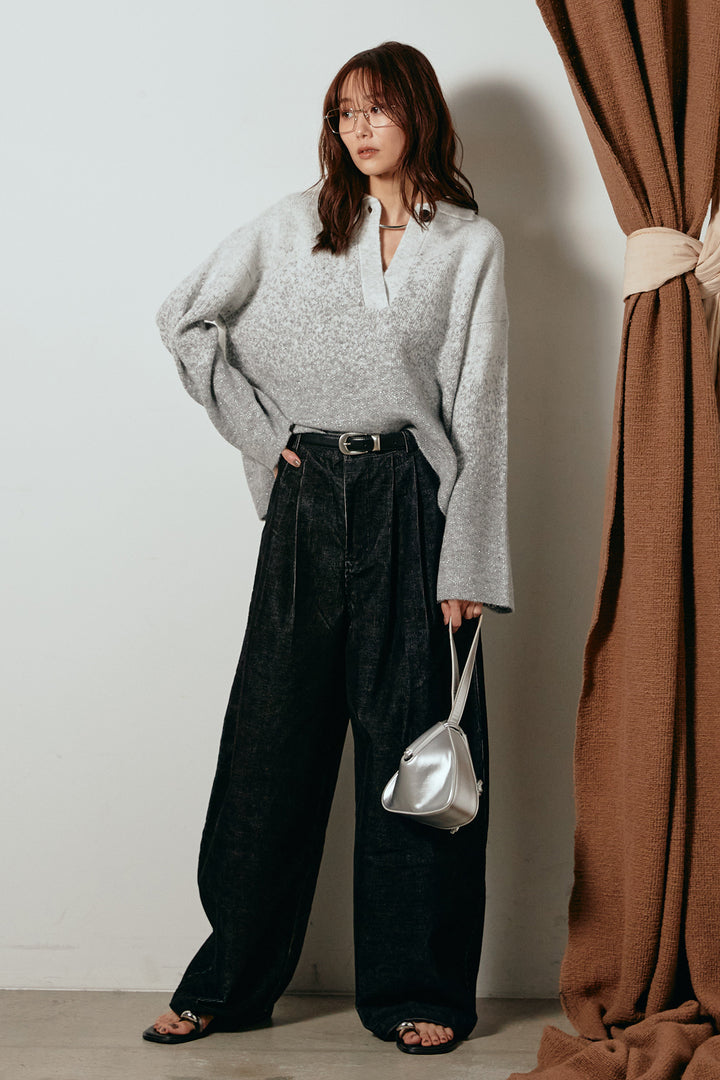 [SET]グラデーションラメニットキーネックプルオーバー+フロントタック入りコーデュロイパンツ(2set)