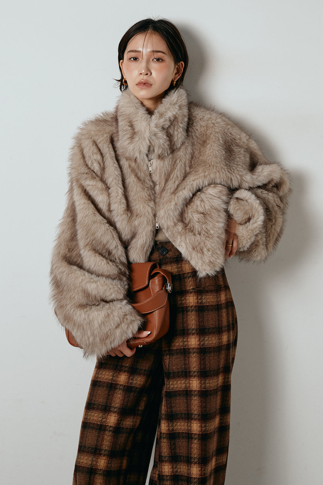 [SET]エコファーショート丈ブルゾン+ルーズタータンチェックワイドパンツ(2set)