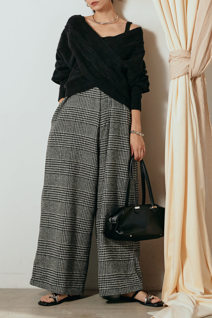 [SET]ケーブルカシュクールニットトップス+前後2wayグレンチェック柄スカーチョサロペット(2set)