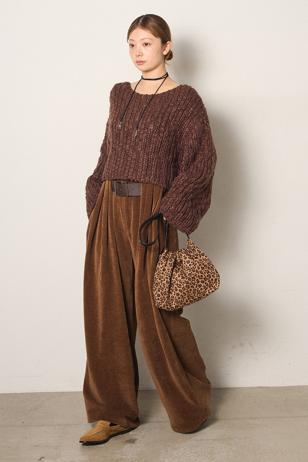 [SET]チャンキースラブニットクロップドプルオーバー+ベルトループコーデュロイワイドパンツ(2set)