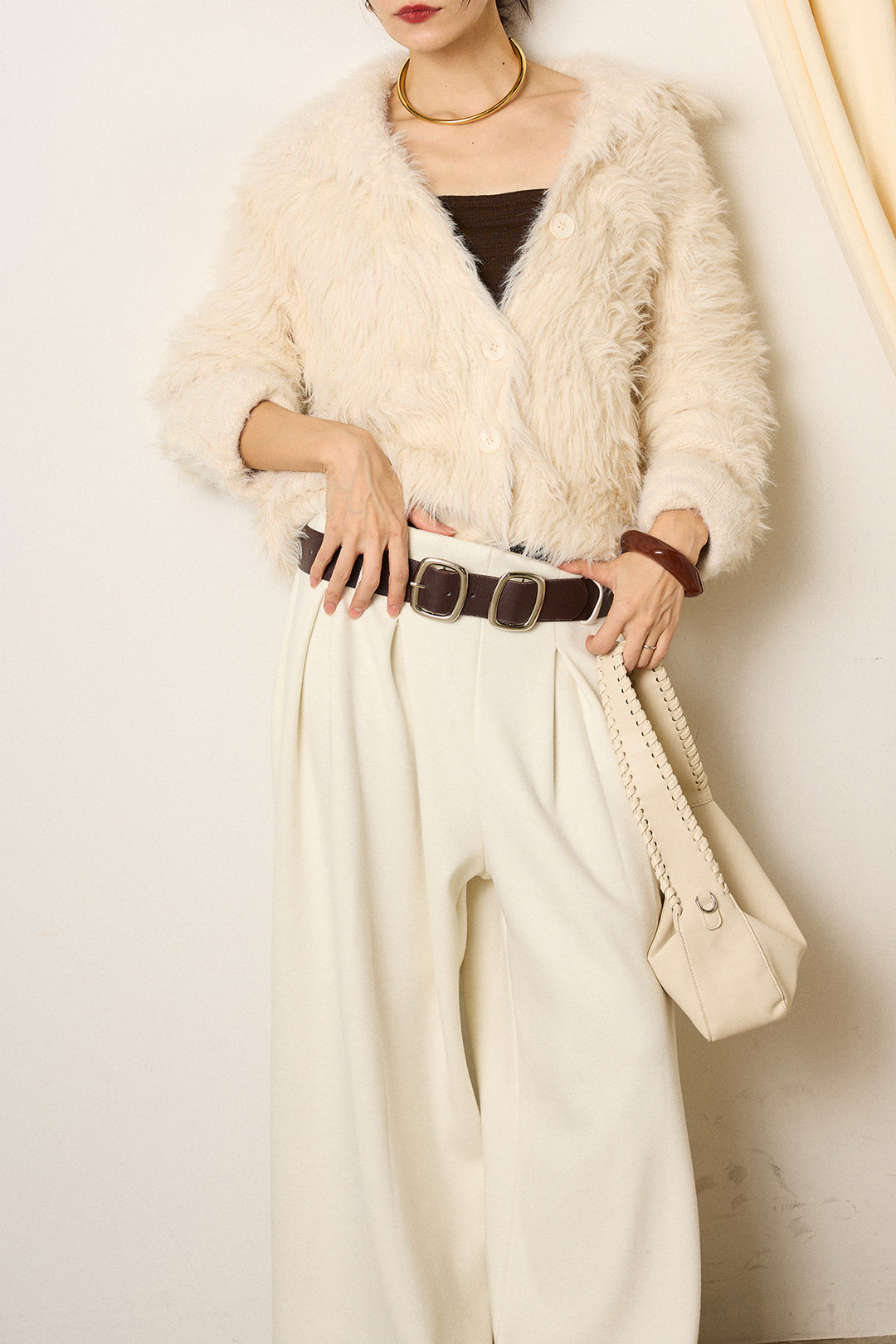 [SET]襟付きシャギーニットカーディガン+フェイクレザー太ベルト付きタックワイドパンツ(2set)