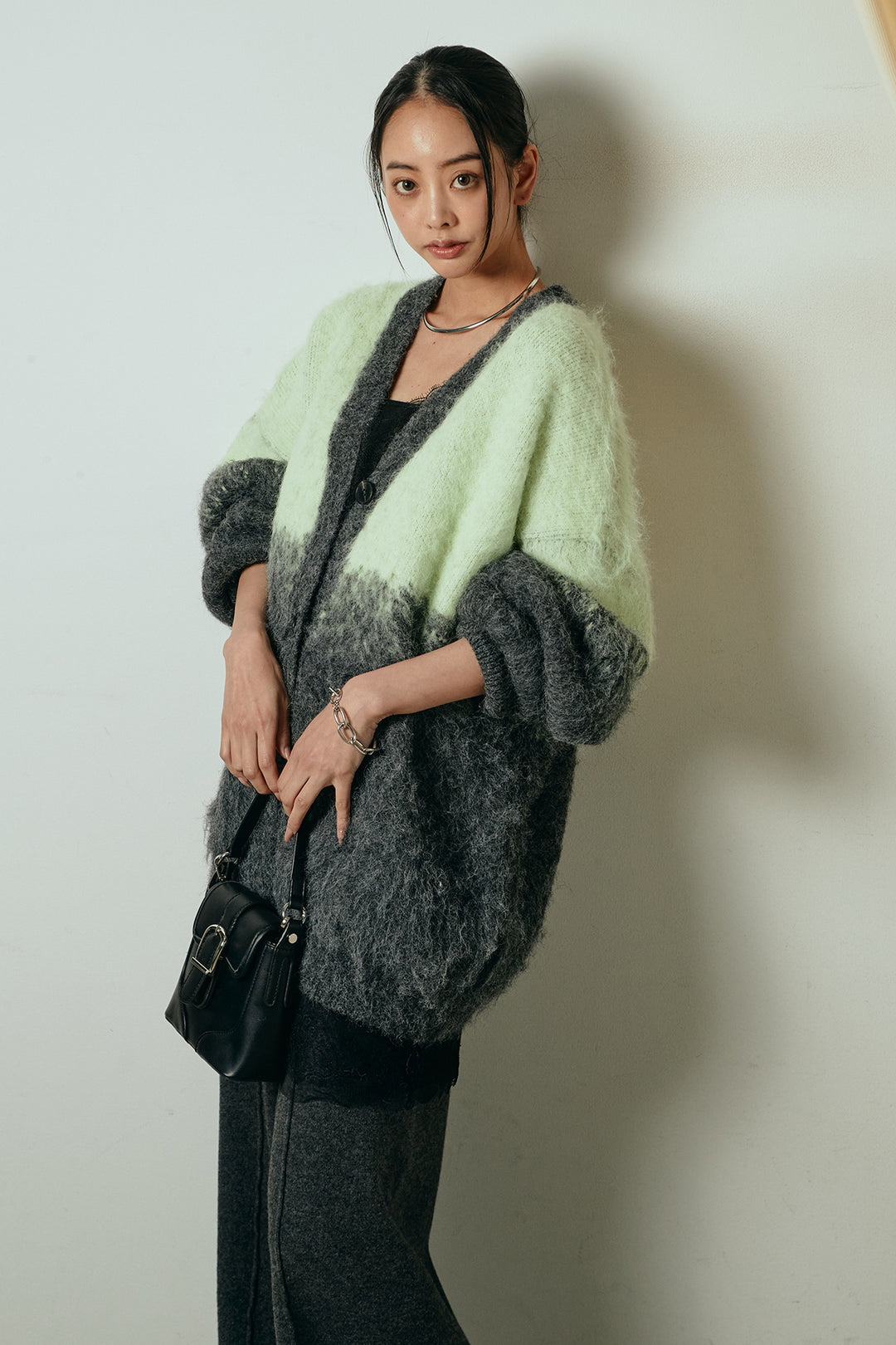 [SET]起毛グラデーションニットカーディガン+レース切り替えキャミソール(2set)