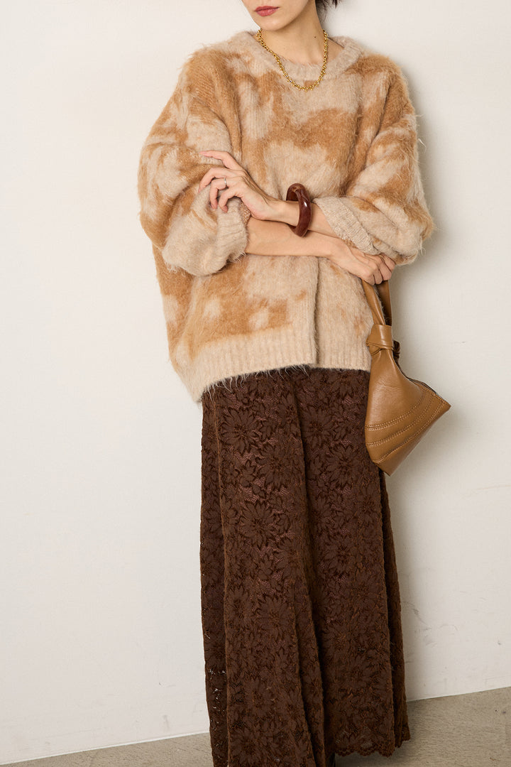 [SET]モヘアタッチマーブルニット+花柄刺繍ベロアフレアスカート(2set)