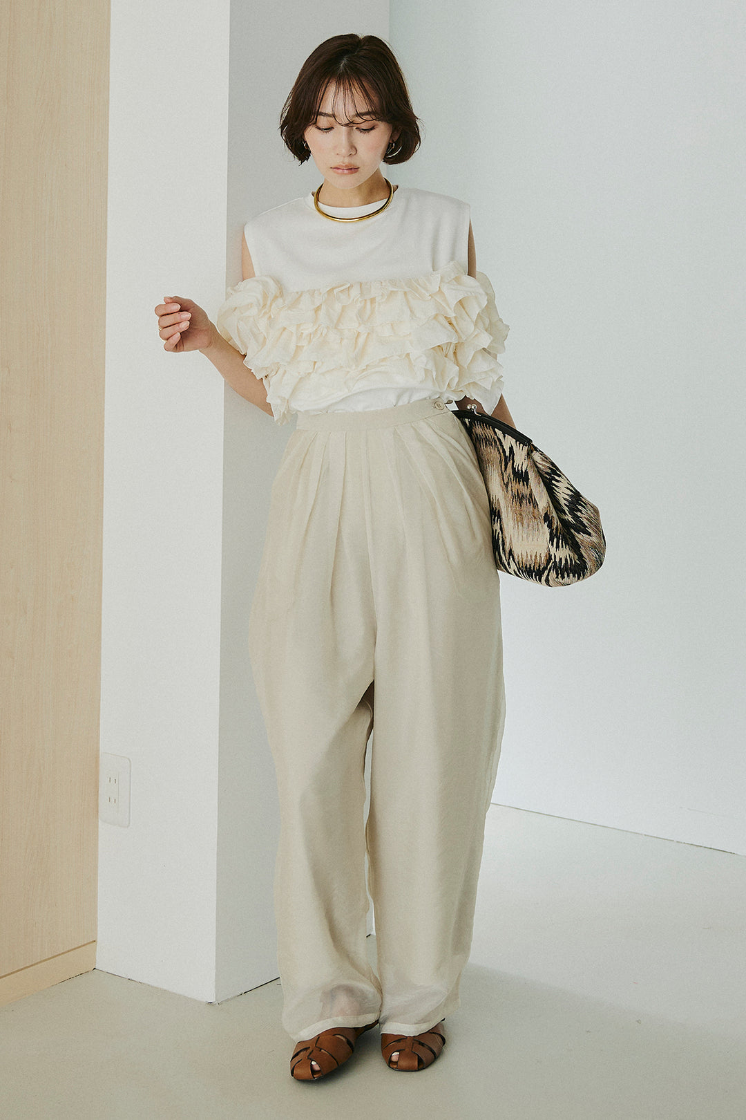 [SET]天竺ナイロンドッキングビスチェ風トップス+オーガンジータックパンツ(2set)