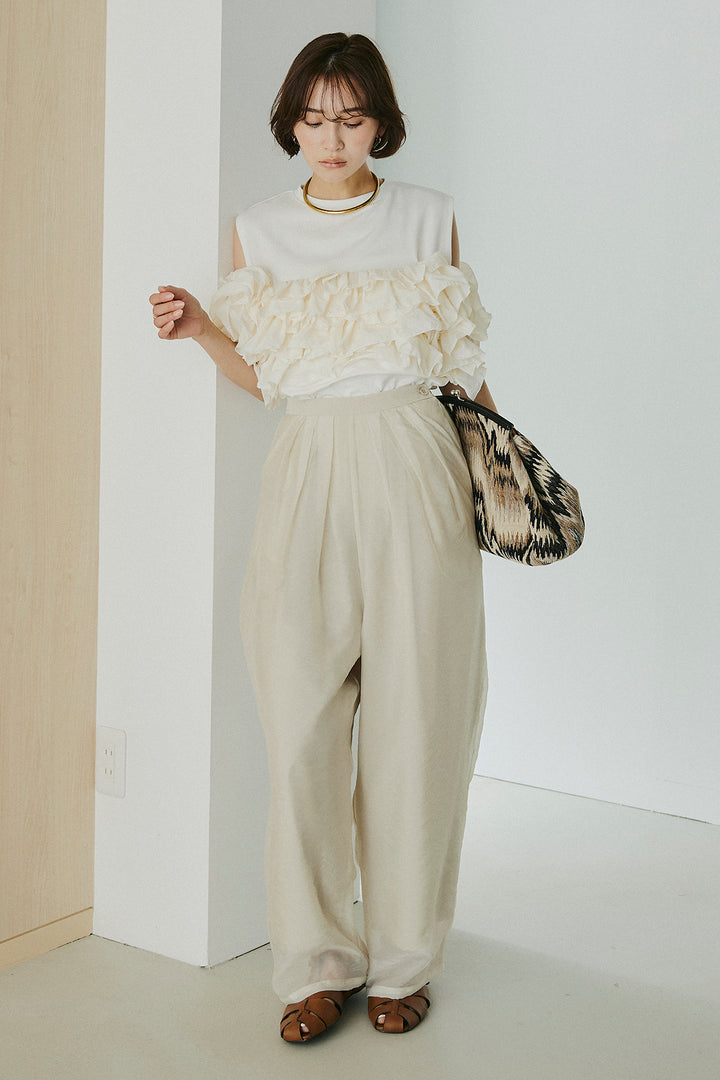 [SET]天竺ナイロンドッキングビスチェ風トップス+オーガンジータックパンツ(2set)