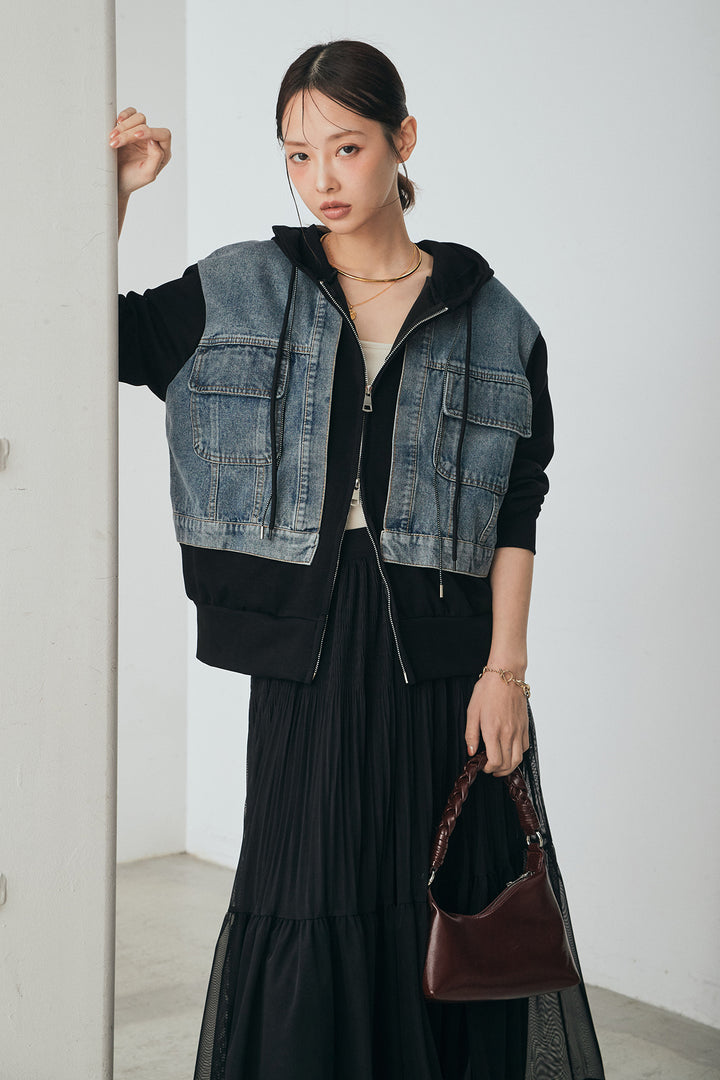 [SET]デニム切替ポンチダブルジップパーカー+ボリュームシルエットチュールスカート(2set)