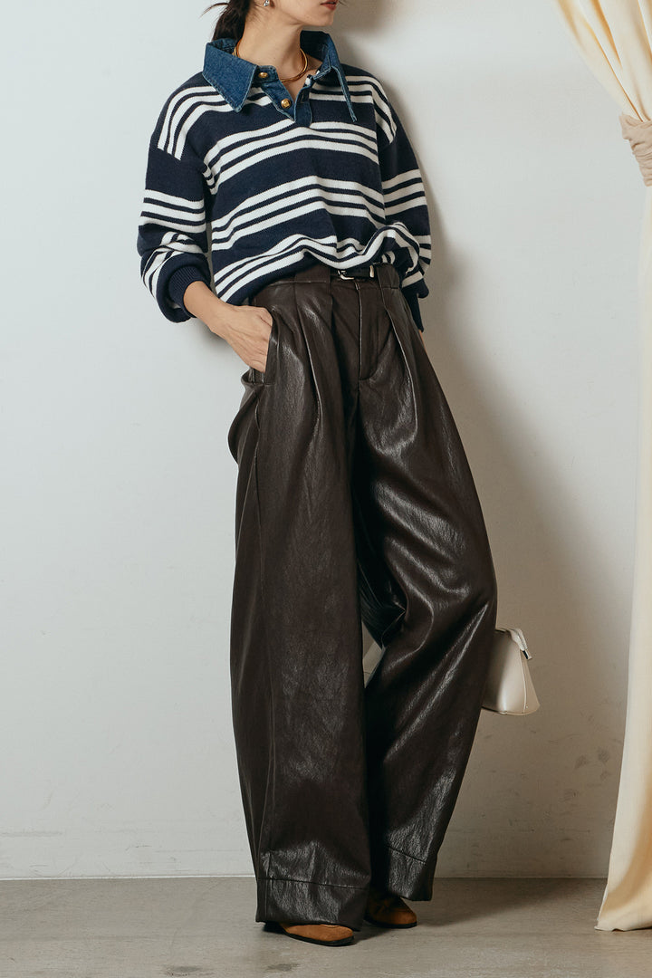 [SET]デニムレイヤード風ランダムボーダーニットプルオーバー+ベルト付きレザーライクタックパンツ(2set)