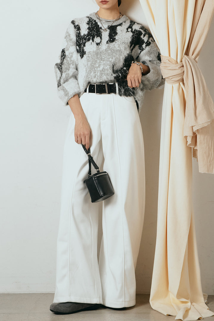 [SET]起毛ニュアンス柄ニットプルオーバー+ファーベルト付きワイドパンツ(2set)