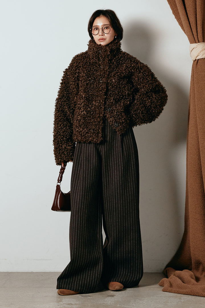 [SET]プードルファーミドルジャケット+ウールライクストライプパンツ(2set)