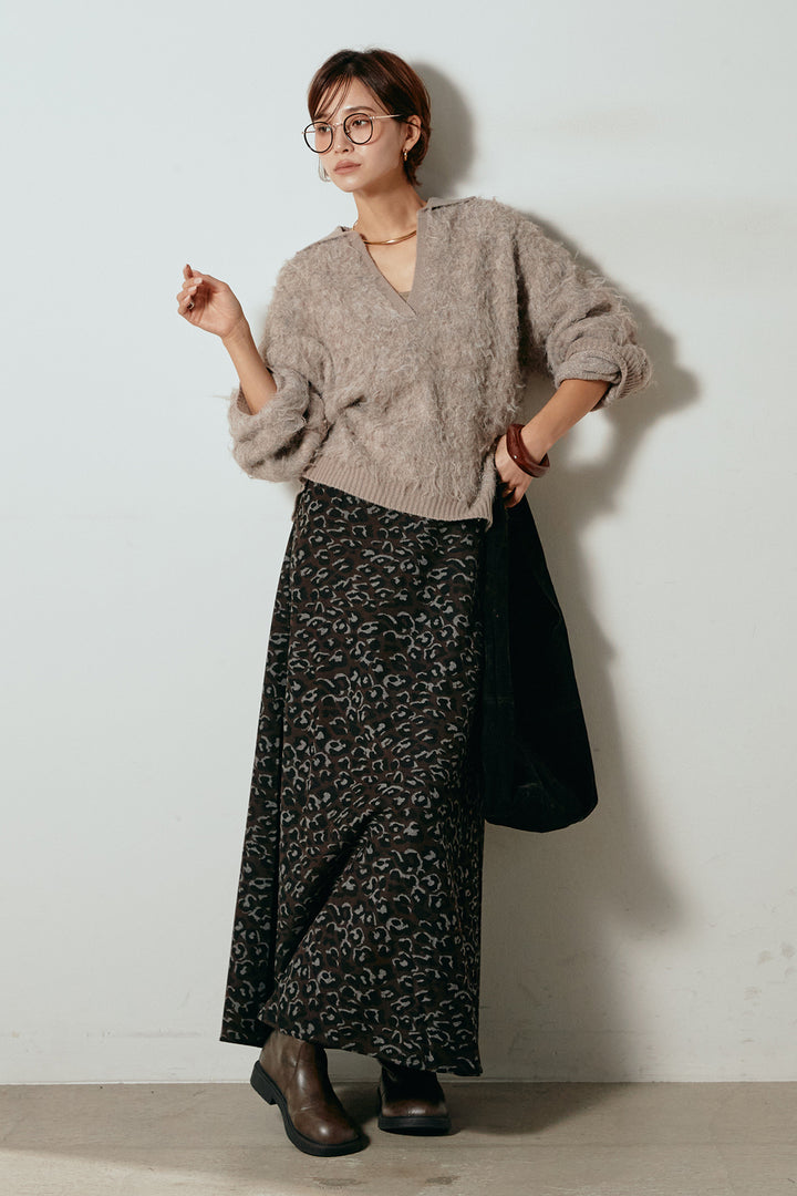 [SET]襟付きシャギーニットポロトップス+レオパードロングスカート(2set)