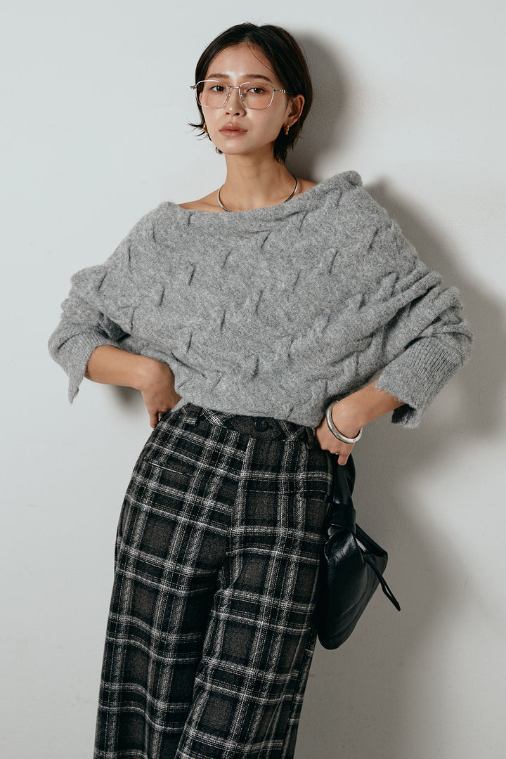 [SET]ボートネックニットトップス+ルーズタータンチェックワイドパンツ(2set)