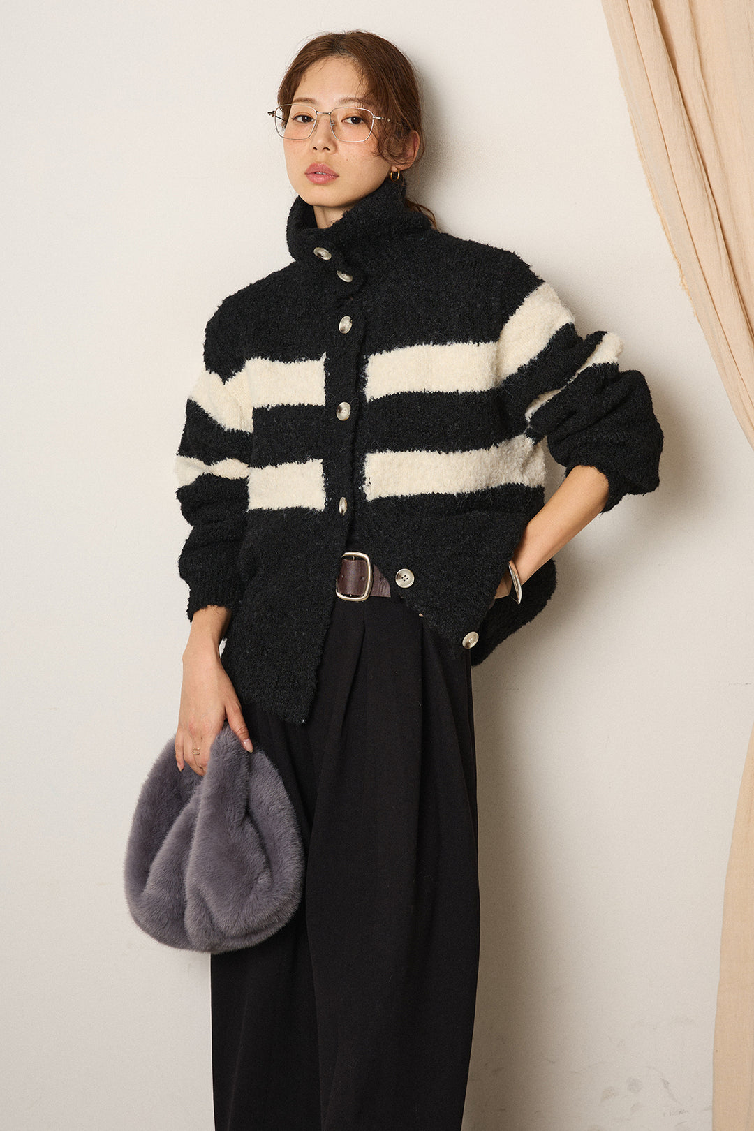 [SET]ハイネックボーダーニットカーディガン+フェイクレザー太ベルト付きタックワイドパンツ(2set)