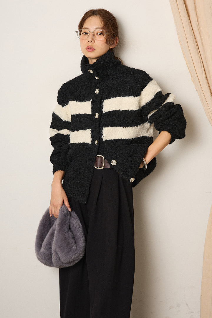 [SET]ハイネックボーダーニットカーディガン+フェイクレザー太ベルト付きタックワイドパンツ(2set)