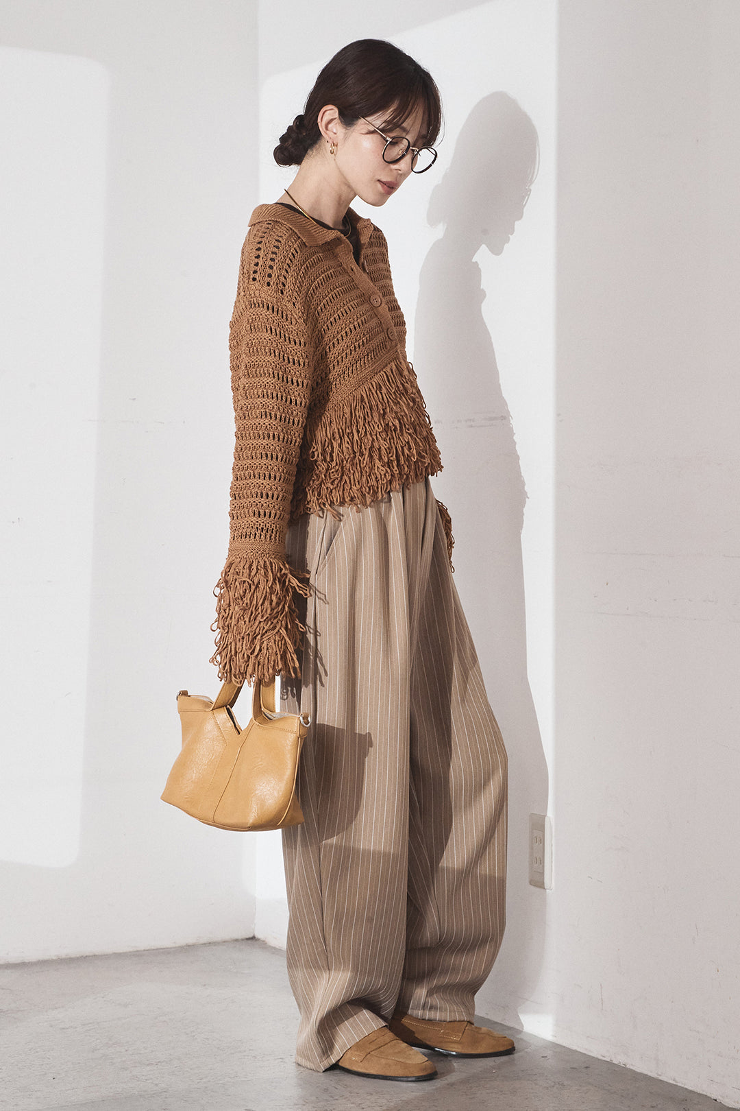 [SET]メッシュフリンジカーディガン+ヘリンボーンストライプツータックパンツ(2set)
