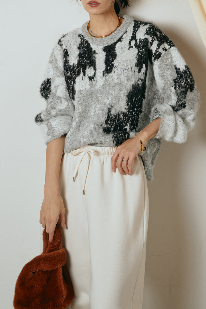 [SET]起毛ニュアンス柄ニットプルオーバー+裏起毛スウェットワイドパンツ(2set)
