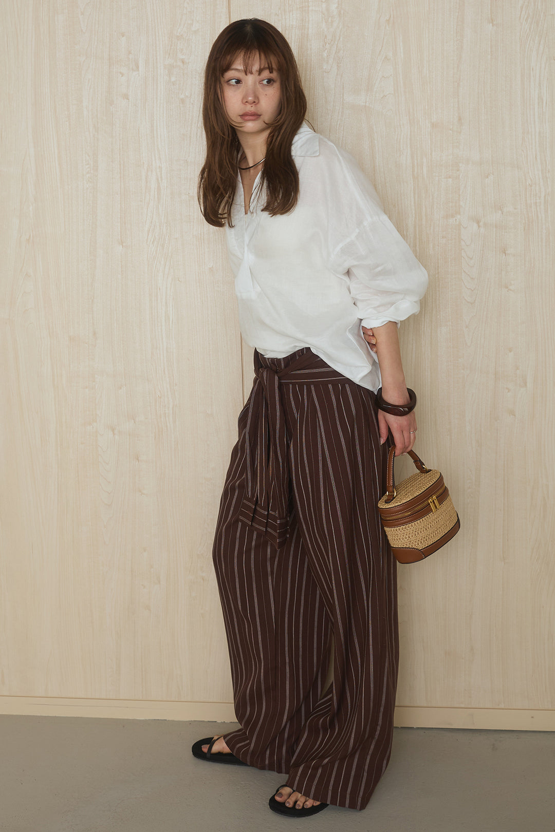 [SET]襟付きボタンブラウス+ウエスト巻きピンストライプパンツ(2set)