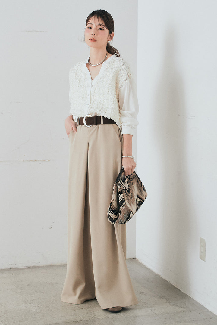 [SET]モコレースVネックカーディガン+太ベルト付きフロントタックパンツ(2set)