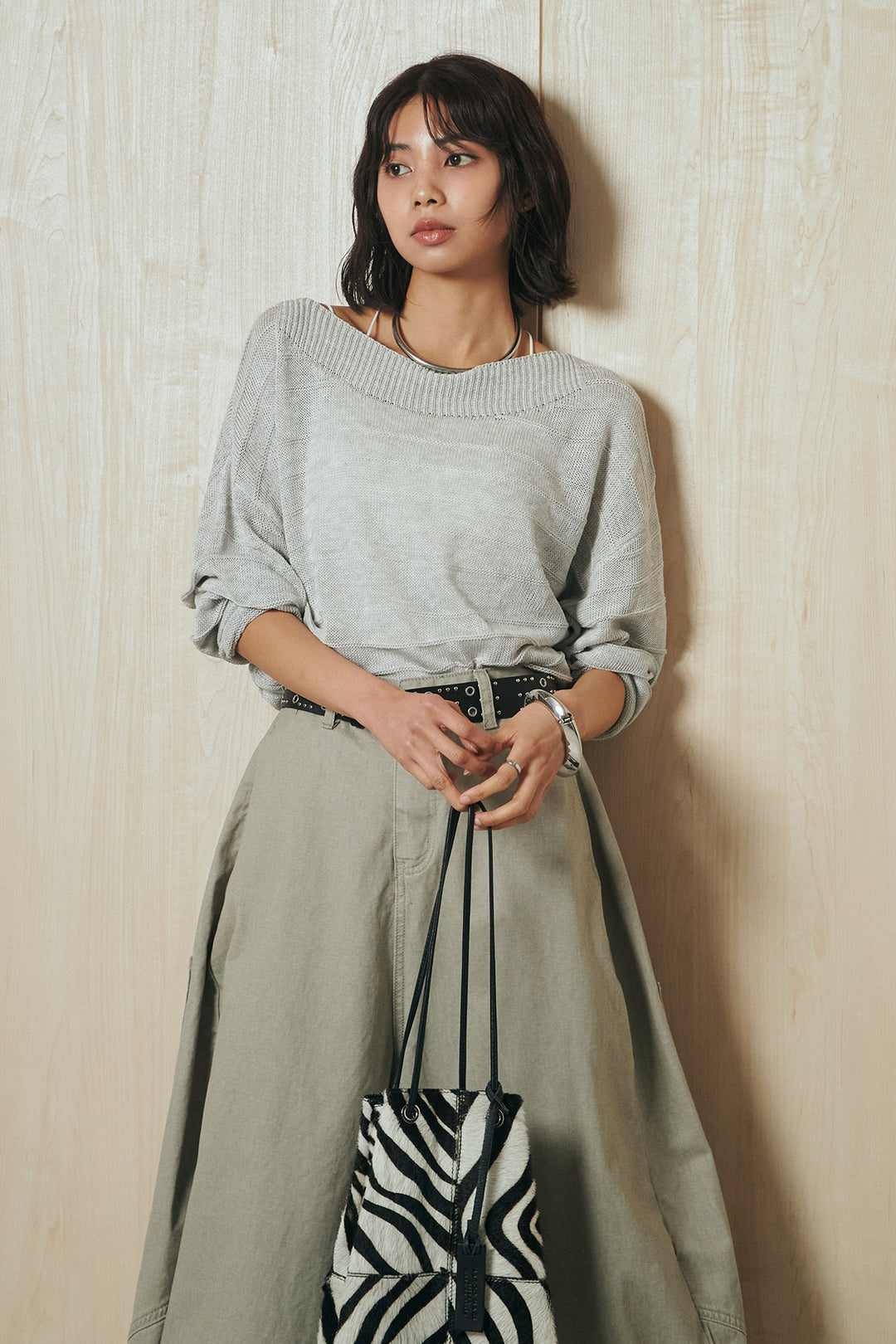 [SET]麻混リラックスニットトップス+ベルト付きカラーデニムパンツ(2set)