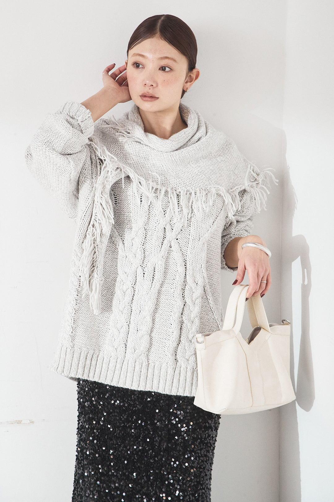 [SET]フリンジニットスカーフ巻きトップス+スパンコールニットワイドスカート(2set)