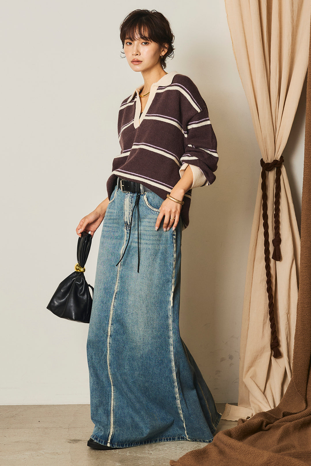 【即納】フェイクレザー太ベルト付きデニムワイドスカート