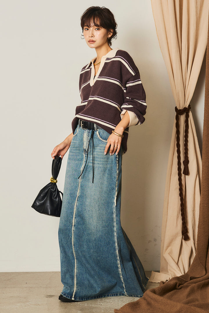 【即納】フェイクレザー太ベルト付きデニムワイドスカート