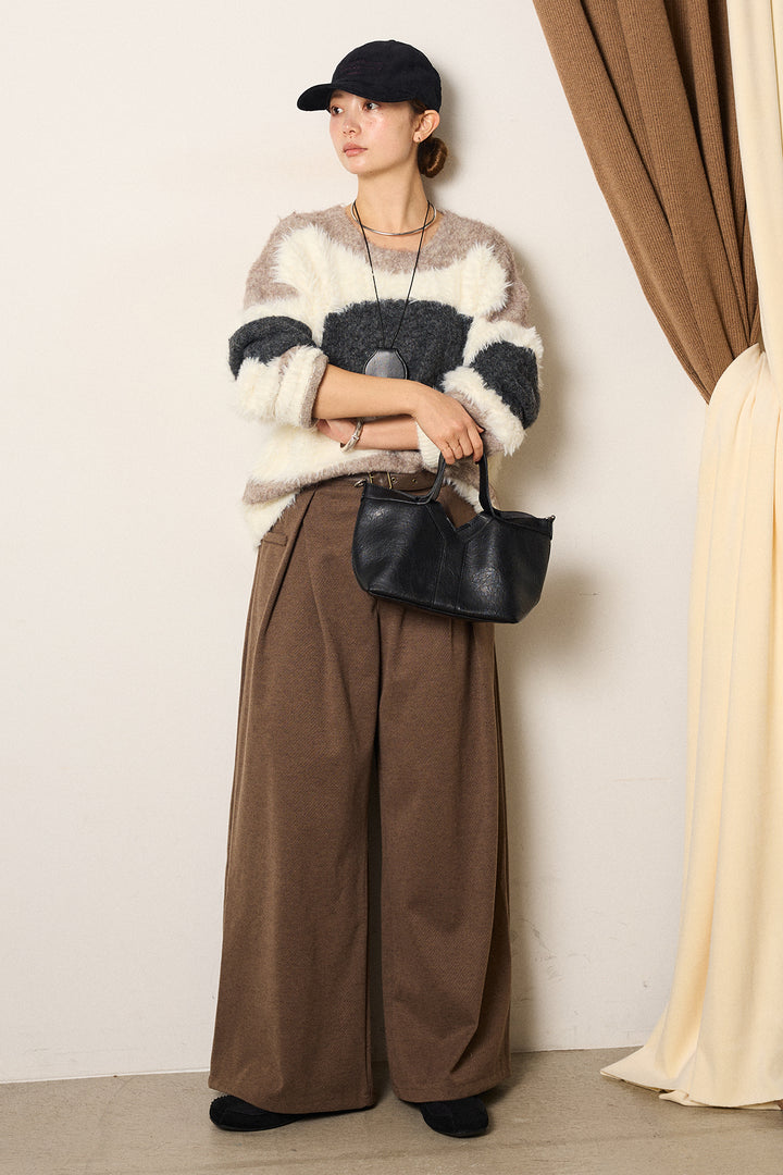 [SET]シャギーウェーブ柄クルーネックニットトップス+細ベルト付き起毛タックワイドパンツ(2set)