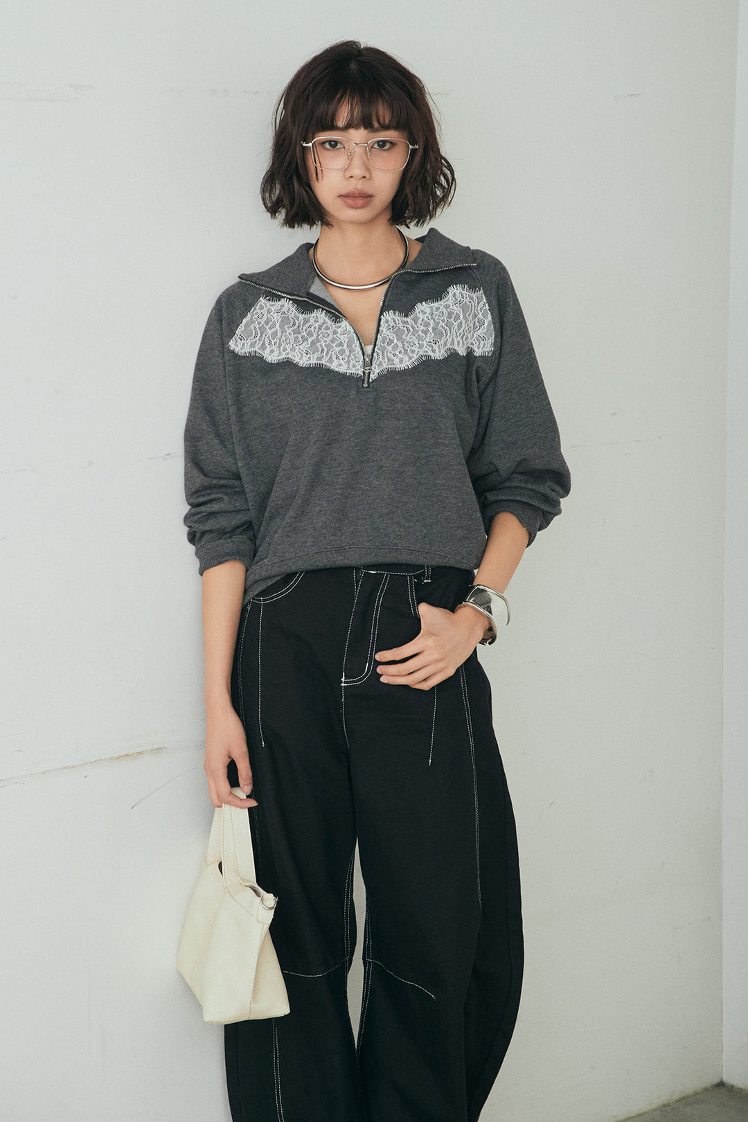 [SET]リバーレースハーフジップ裏毛スウェット+ツイル配色ステッチバレルパンツ(2set)