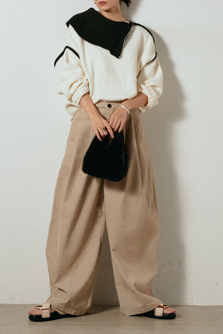 [SET]ハイネックジップデザインニットトップス+フロントタック入りコーデュロイパンツ(2set)