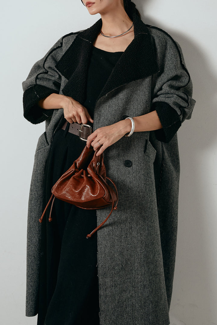 [SET]裏地ボアハイネックロングアウター+フェイクレザー太ベルト付きタックワイドパンツ(2set)