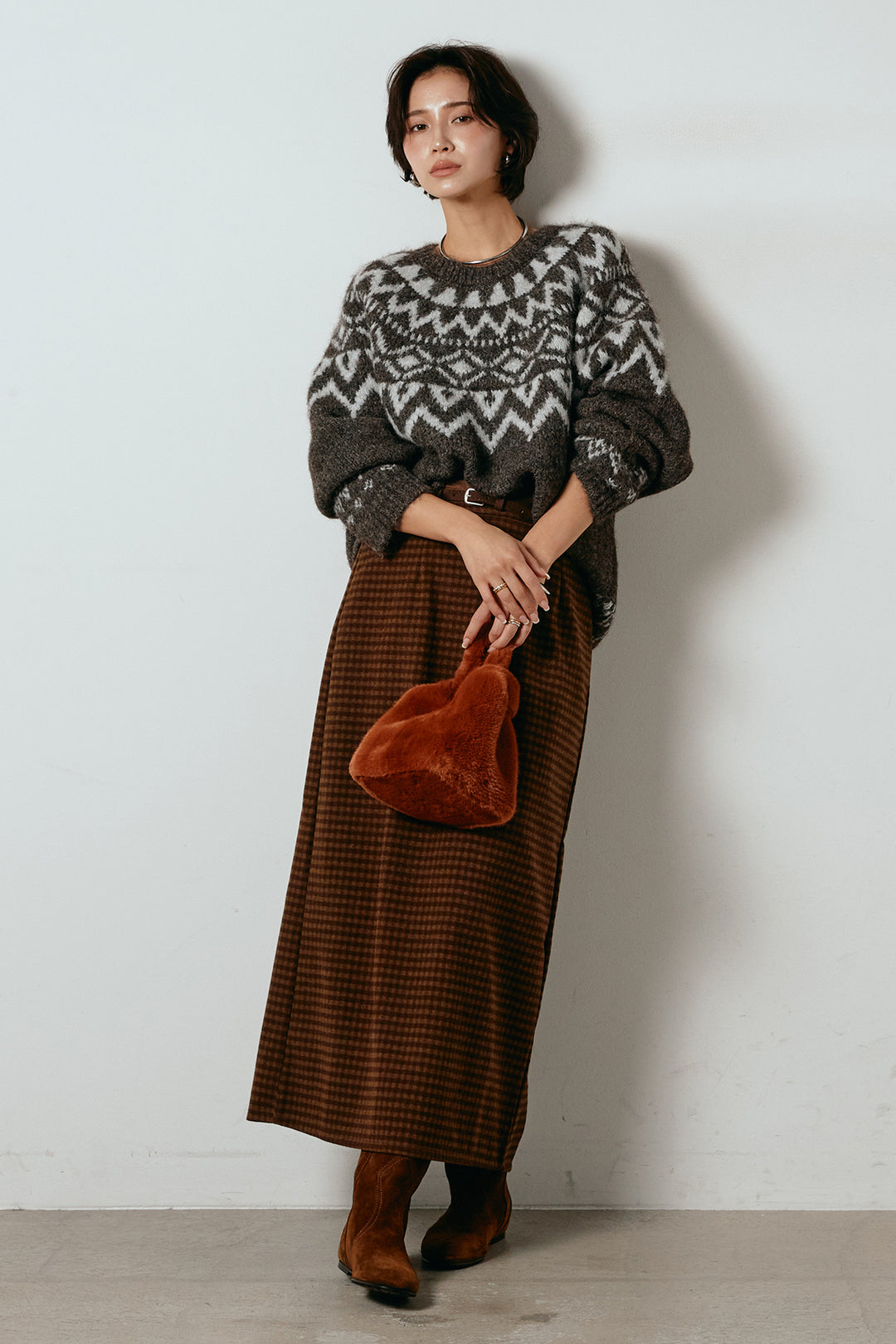[SET]ノルディック柄Uネックプルオーバー+スエード調ベルト付きチェックナロースカート(2set)