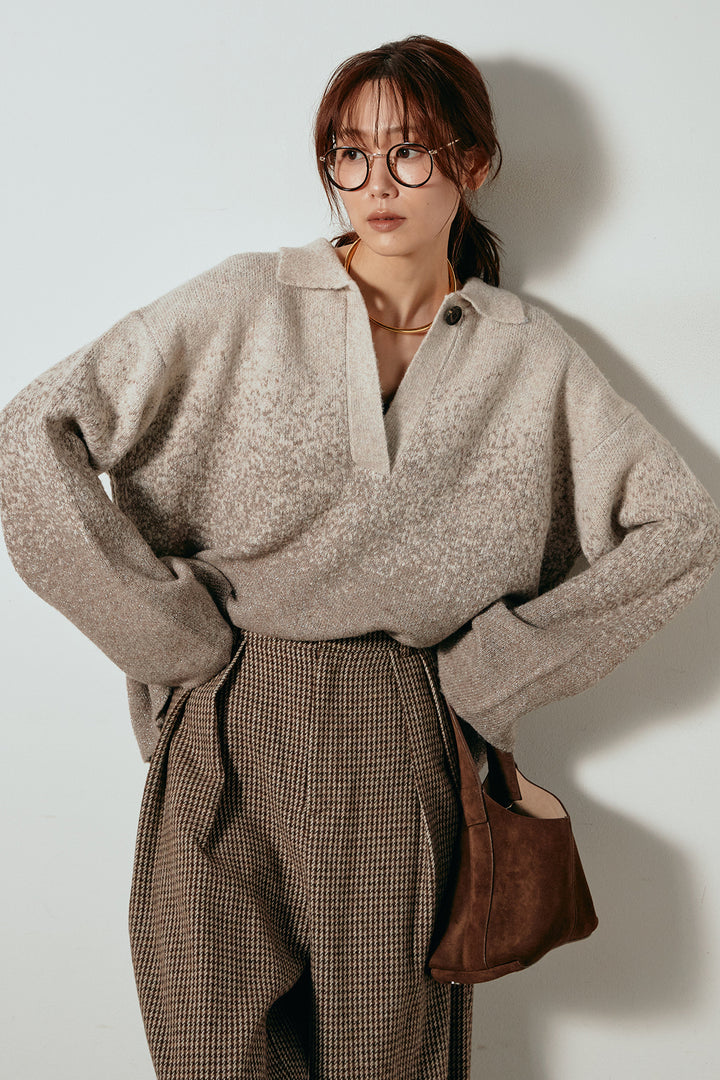 [SET]グラデーションラメニットキーネックプルオーバー+ガンクラブチェックタックパンツ(2set)