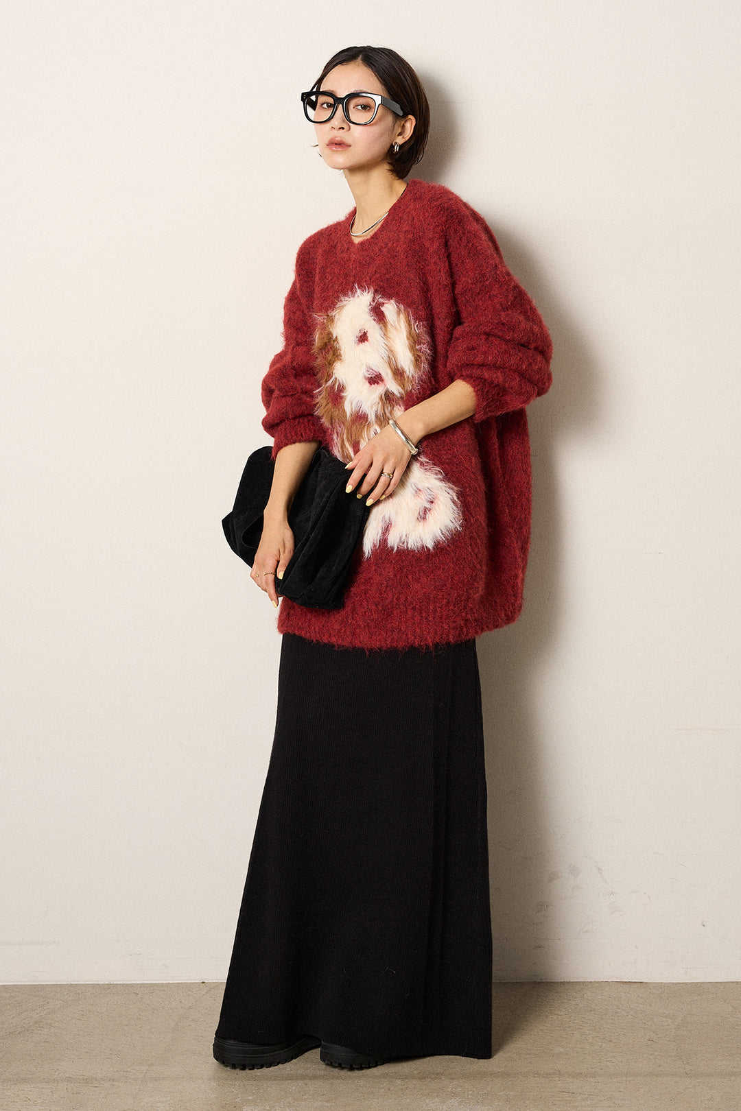 [SET]シャギーニュアンスアニマルニット+リブナローニットスカート(2set)