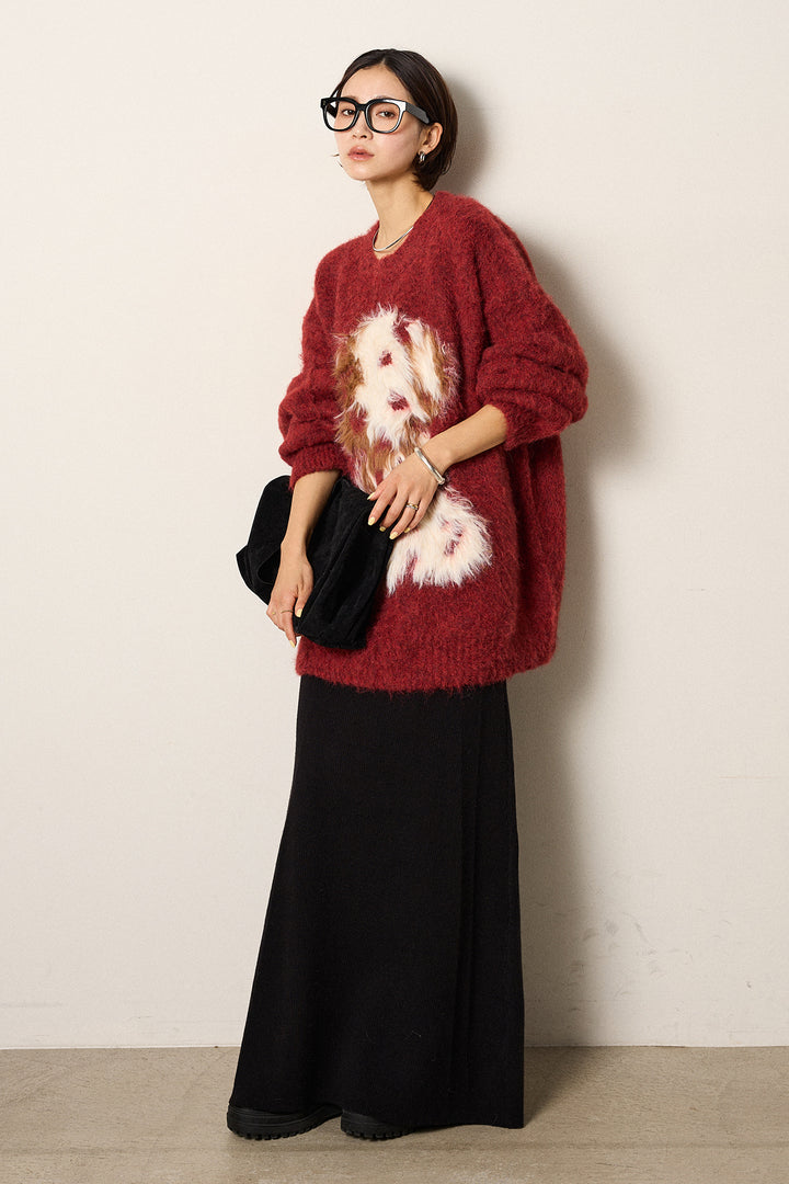 [SET]シャギーニュアンスアニマルニット+リブナローニットスカート(2set)