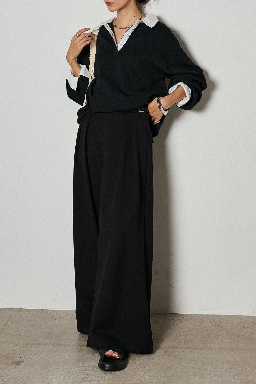【即納】ウエストベルト付きタックワイドパンツ