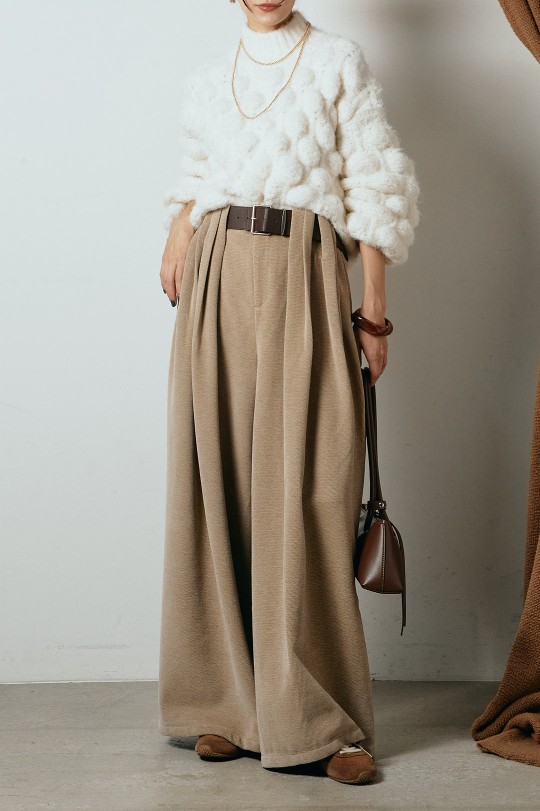 [SET]ボリュームポップコーンニットトップス+ベルトループコーデュロイワイドパンツ(2set)