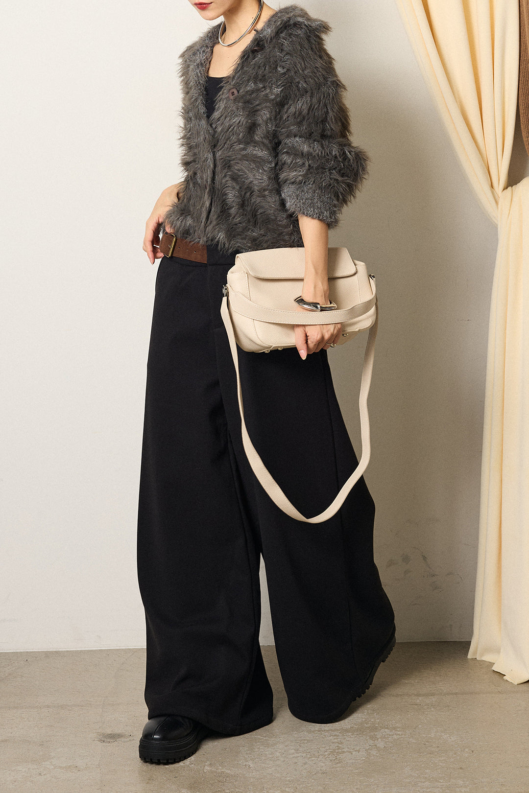 [SET]襟付きシャギーニットカーディガン+サイドベルトパンツ(2set)