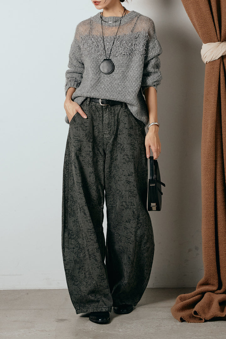[SET]パターンランダム編みニットトップス+ベルト付きニュアンス柄カーブワイドパンツ(2set)