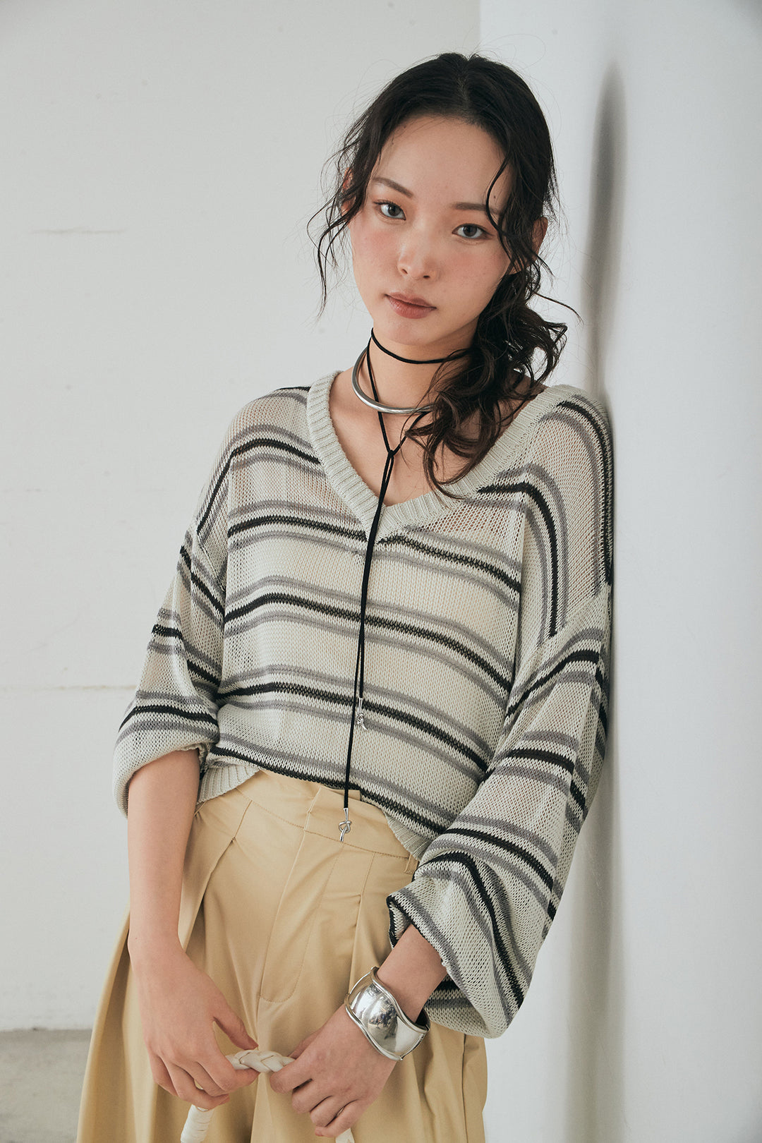 [SET]綿タッチVネックボーダートップス+ウォッシャブルエコレザータックパンツ(2set)