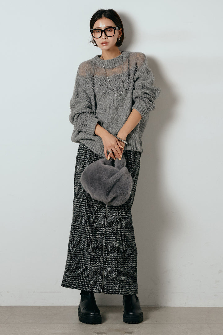 [SET]パターンランダム編みニットトップス+グレンチェック柄フロントジップタイトスカート(2set)