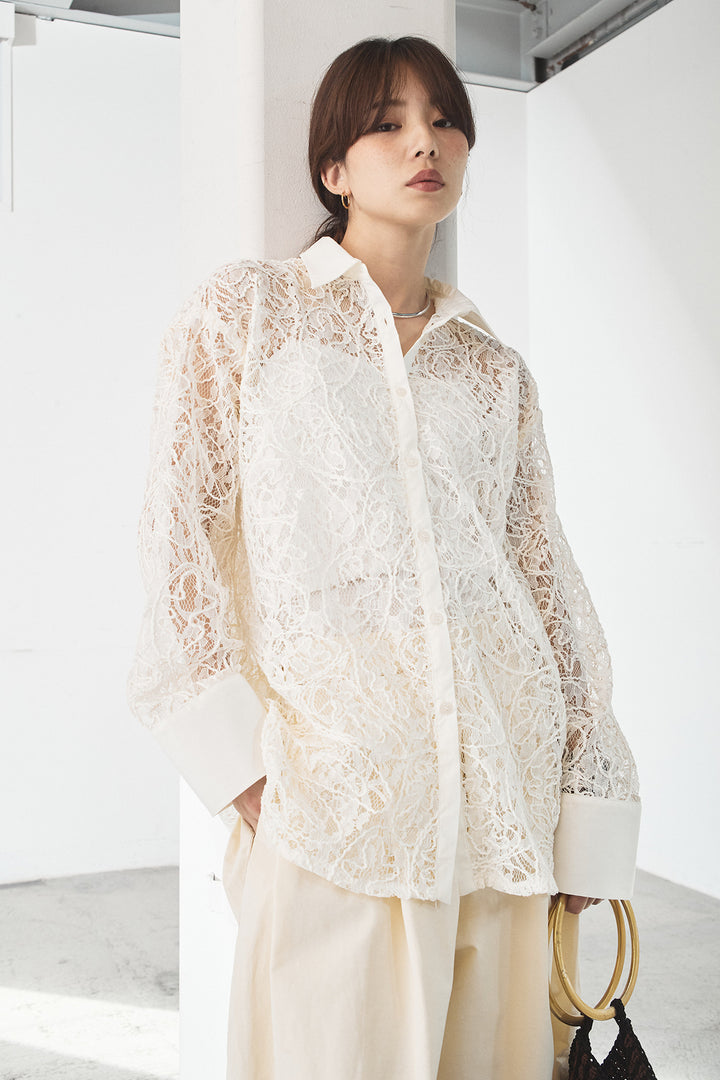 [SET]刺繍レースオーバーサイズシャツ+合繊ツイルパイピングタックカーブパンツ(2set)