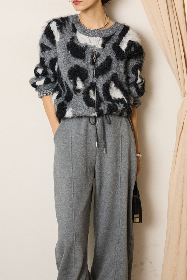 [SET]ルーズアニマルモヘアニットトップス+スウェットワイドカーブパンツ(2set)