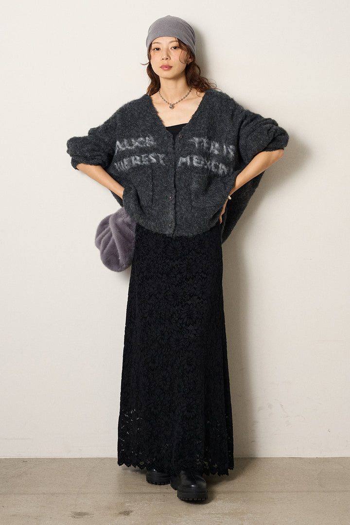 [SET]ウール混透かしロゴニットカーディガン+花柄刺繍ベロアフレアスカート(2set)
