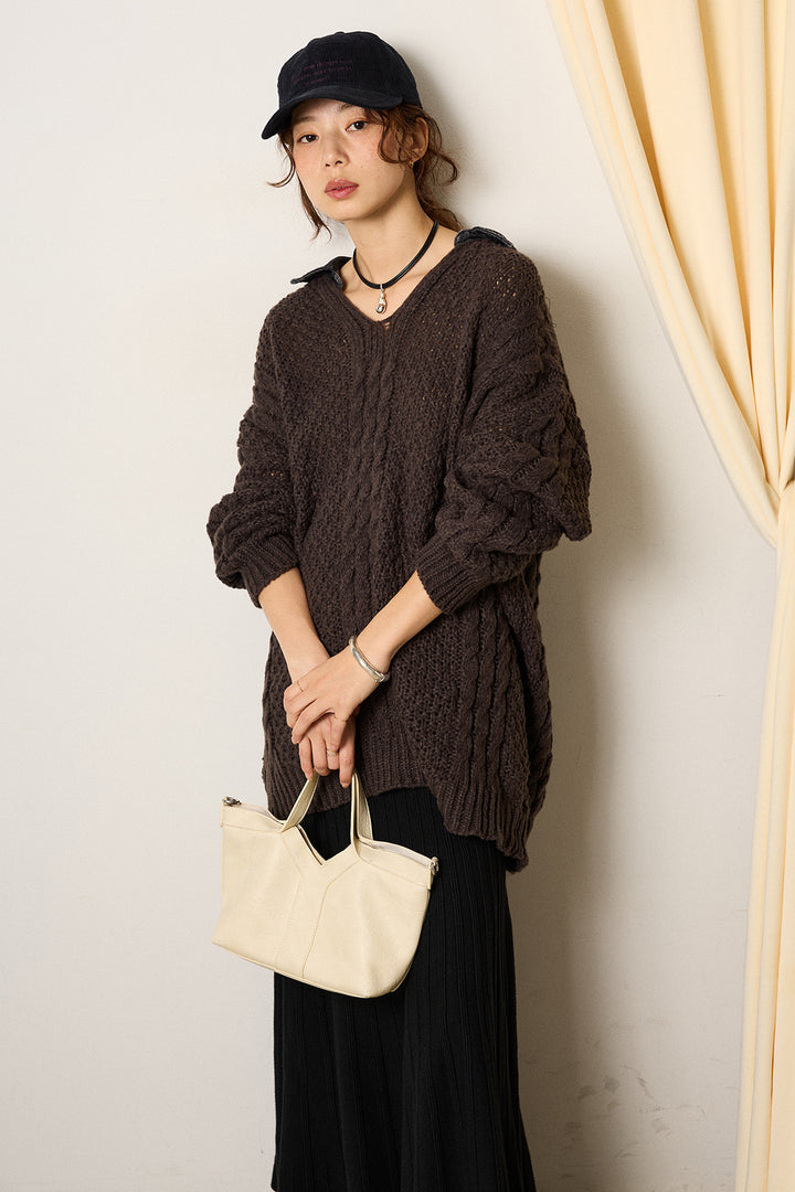 [SET]デニムカラーケーブルオーバーニット+編み地切り替えフレアニットスカート(2set)