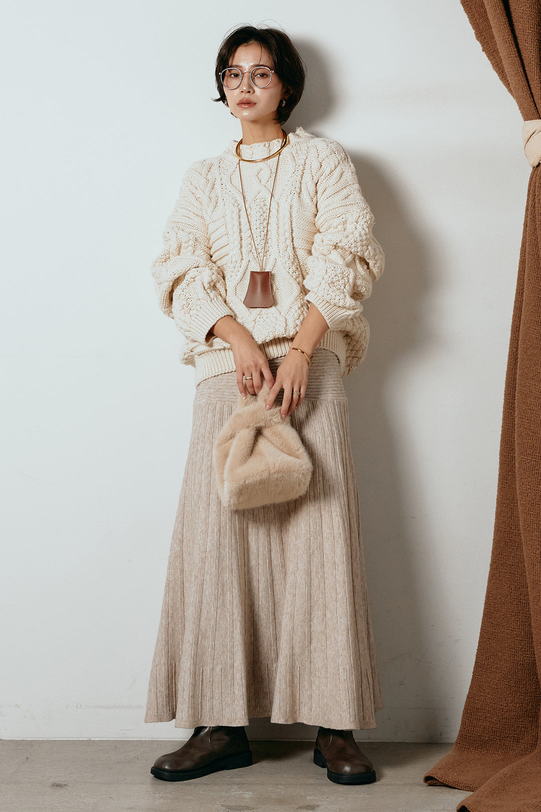 [SET]アラン柄ミックスケーブルニット+編み地切り替えフレアニットスカート(2set)