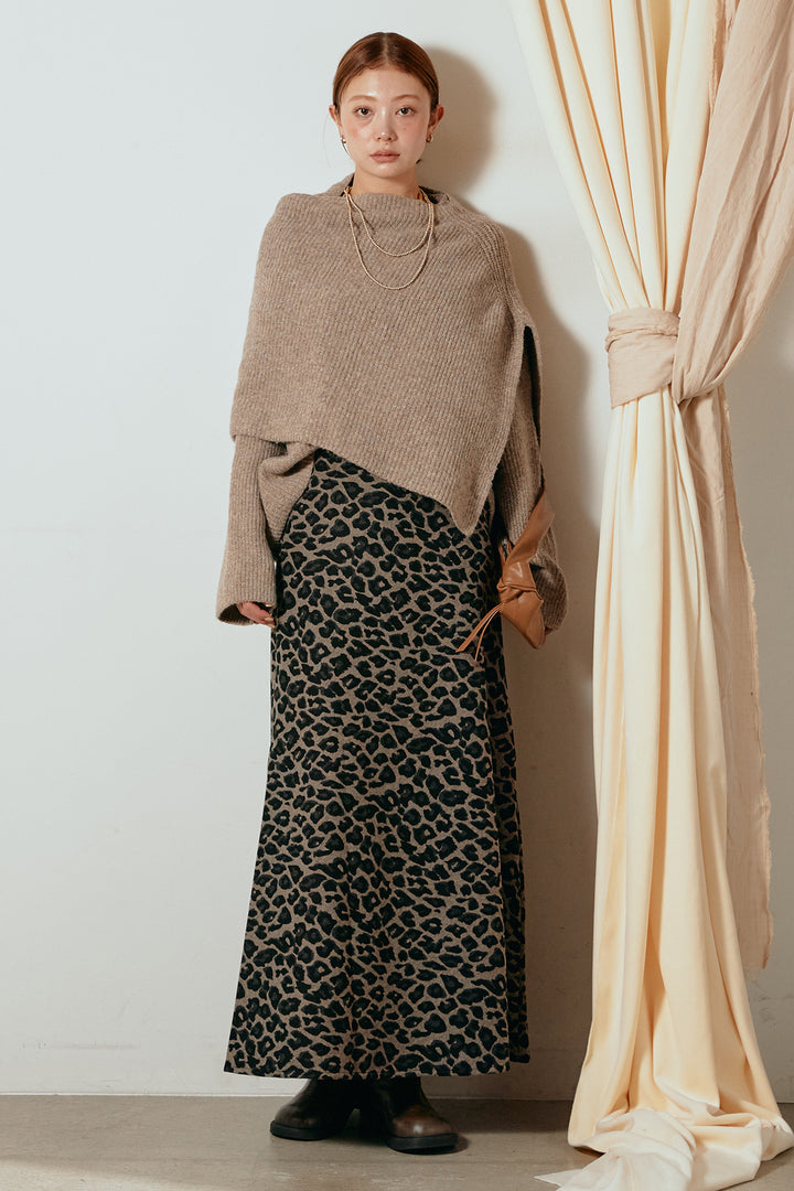 [SET]ケープデザインリブニットトップス+レオパードロングスカート(2set)