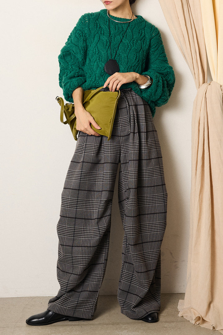 [SET]ケーブルリラックスショートニット+グレンチェックルーズタックパンツ(2set)