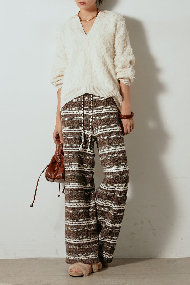 [SET]襟付きシャギーニットポロトップス+マルチライン柄リラックスニットパンツ(2set)